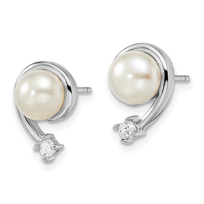 Sterlingsilber Rhodiniert Klar Zirkonia und 7-8mm Weiß Süßwasser Zuchtperle Ohrstecker