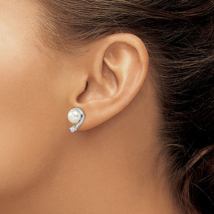 Sterlingsilber Rhodiniert Klar Zirkonia und 7-8mm Weiß Süßwasser Zuchtperle Ohrstecker