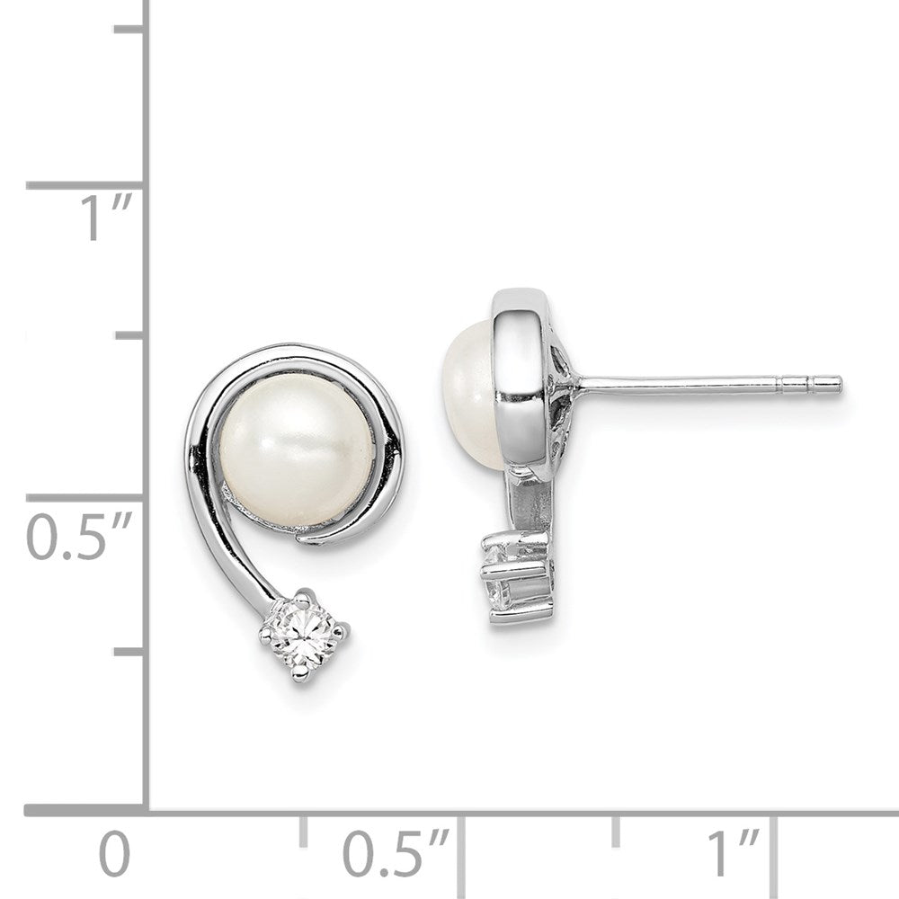 Sterlingsilber Rhodiniert Klar Zirkonia und 7-8mm Weiß Süßwasser Zuchtperle Ohrstecker