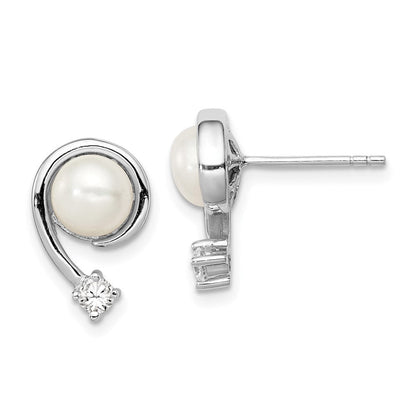 Sterlingsilber Rhodiniert Klar Zirkonia und 7-8mm Weiß Süßwasser Zuchtperle Ohrstecker