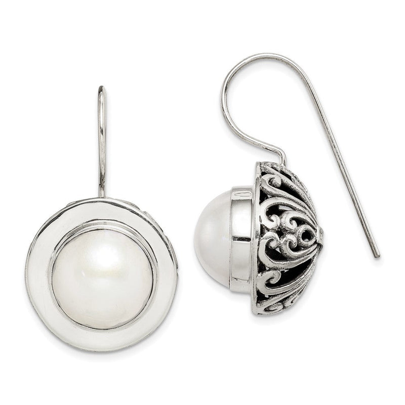 Sterlingsilber Poliert & Antikisiert Fantasie Filigran Weiß 12-13mm Süßwasser Zucht Mabe Perle Ohrhänger