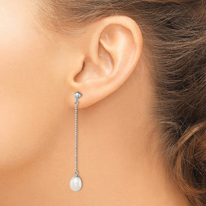 Sterlingsilber Rhodiniert 7-8mm Weiß Süßwasser Zuchtperle Lang Hängend Ohrstecker
