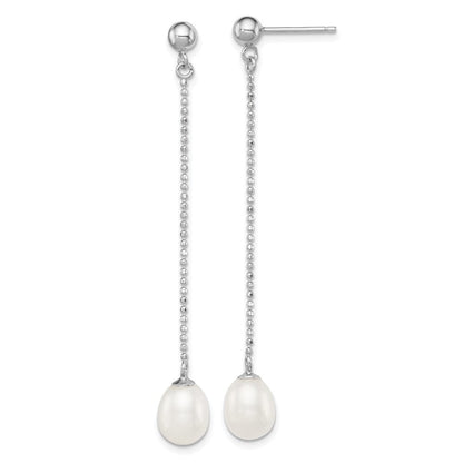 Sterlingsilber Rhodiniert 7-8mm Weiß Süßwasser Zuchtperle Lang Hängend Ohrstecker