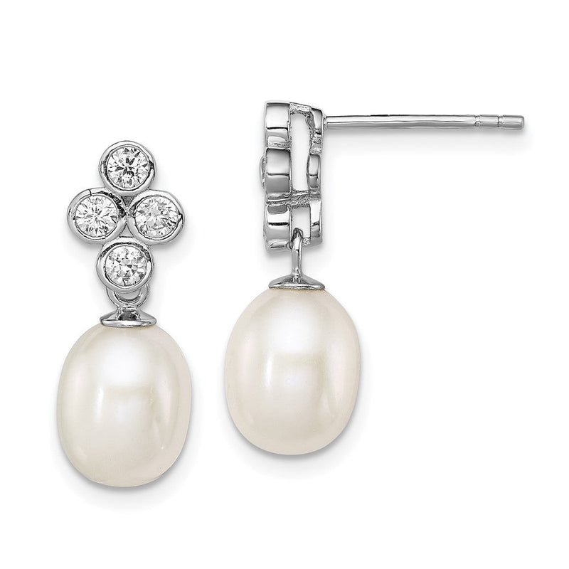 Sterlingsilber Rhodium Platte Klar Zirkonia und 7-8mm Weiß Süßwasser Zuchtperle Hängend Ohrstecker