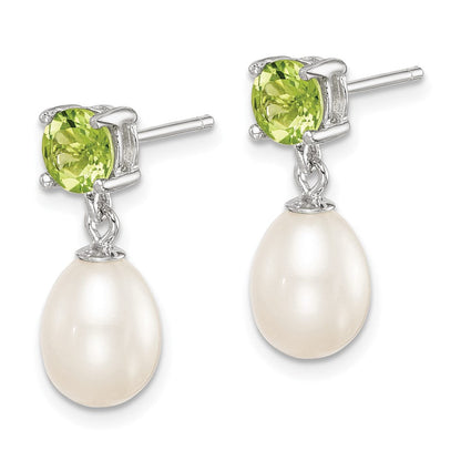 Sterlingsilber Rhodiniert Peridot und 7-8mm Süßwasser Zuchtperle Tropfen Hängend Ohrstecker