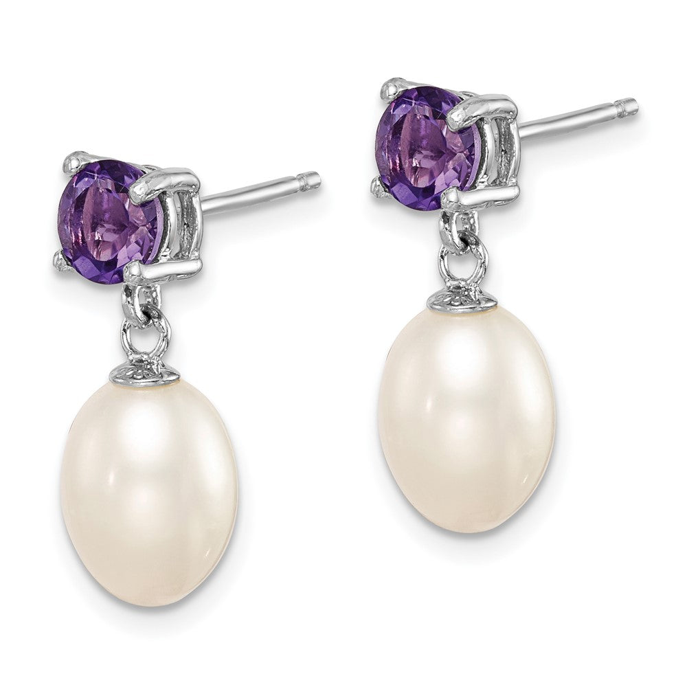 Sterlingsilber Rhodiniert Amethyst und 7-8mm Süßwasser Zuchtperle Tropfen Hängend Ohrstecker