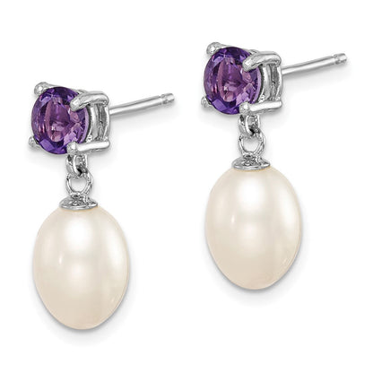 Sterlingsilber Rhodiniert Amethyst und 7-8mm Süßwasser Zuchtperle Tropfen Hängend Ohrstecker