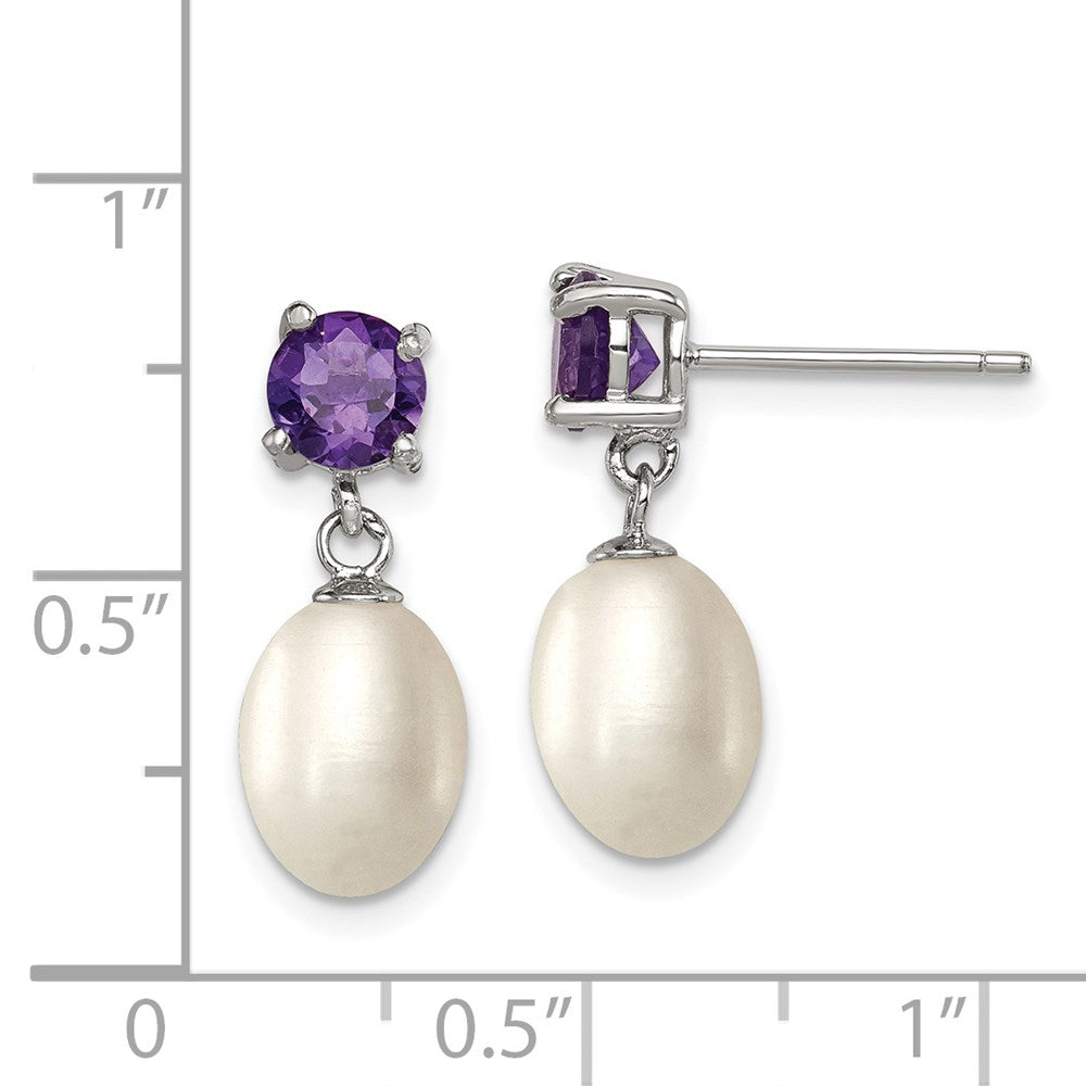 Sterlingsilber Rhodiniert Amethyst und 7-8mm Süßwasser Zuchtperle Tropfen Hängend Ohrstecker