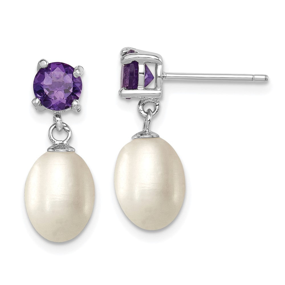 Sterlingsilber Rhodiniert Amethyst und 7-8mm Süßwasser Zuchtperle Tropfen Hängend Ohrstecker