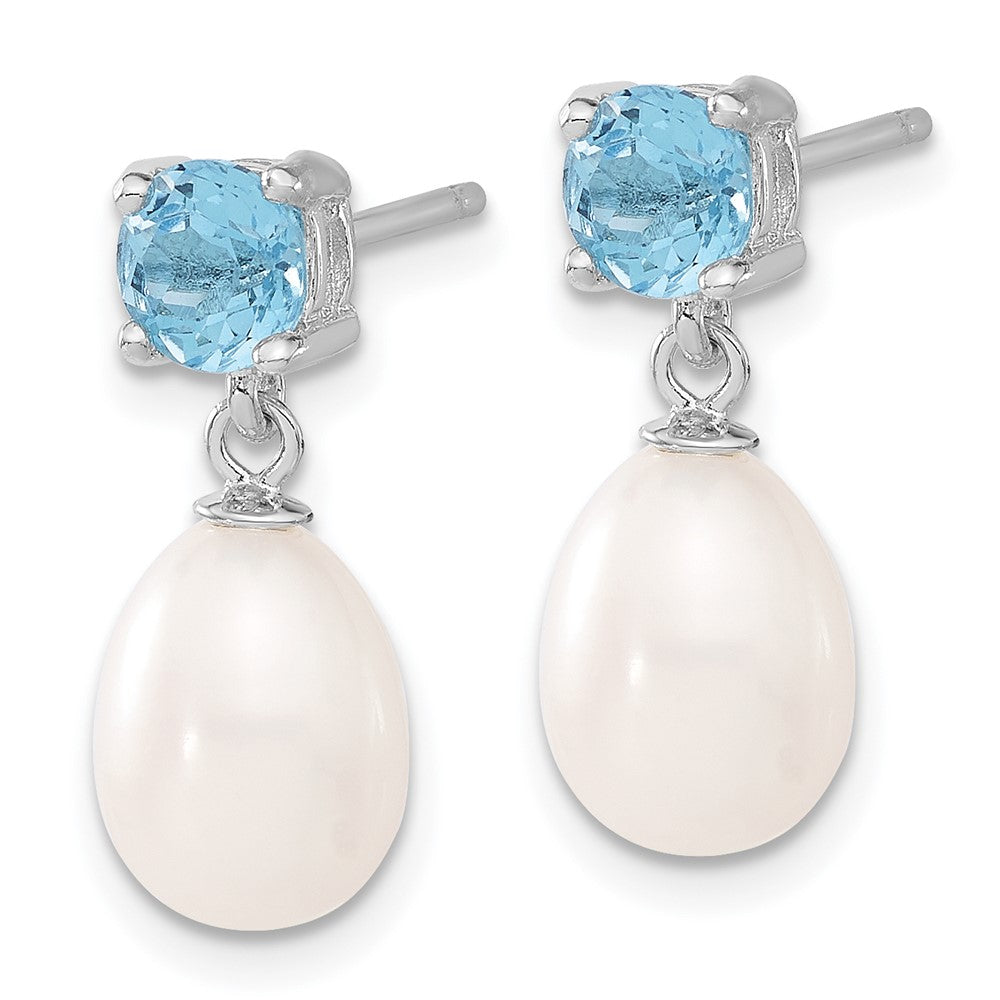 Sterlingsilber Rhodiniert Blautopas und 7-8mm Süßwasser Zuchtperle Tropfen Hängend Ohrstecker