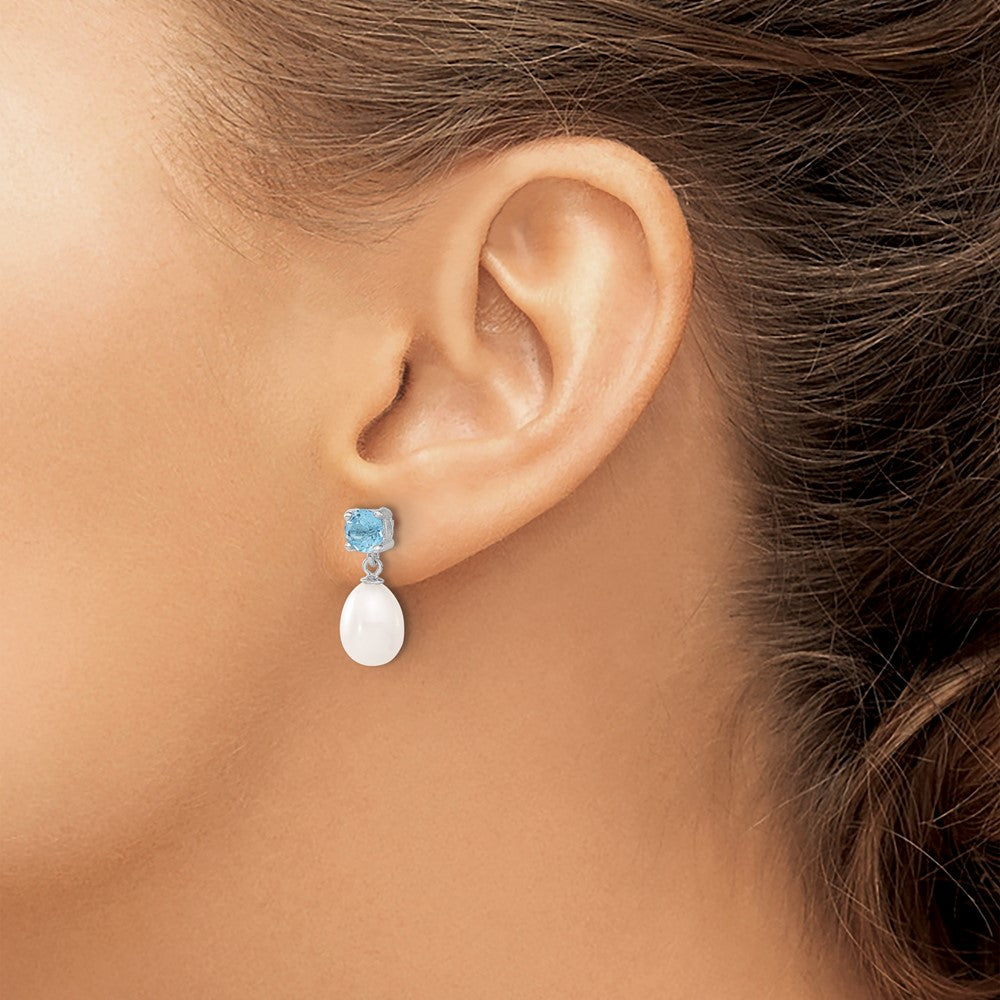 Sterlingsilber Rhodiniert Blautopas und 7-8mm Süßwasser Zuchtperle Tropfen Hängend Ohrstecker