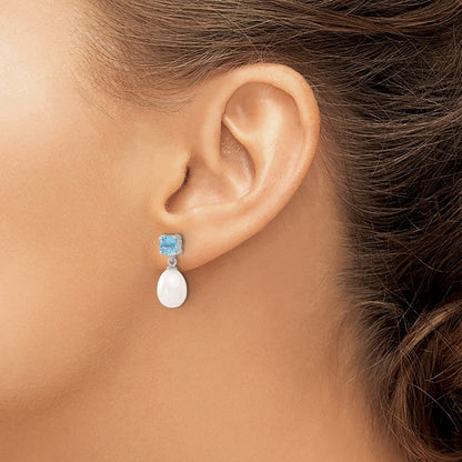 Sterlingsilber Rhodiniert Blautopas und 7-8mm Süßwasser Zuchtperle Tropfen Hängend Ohrstecker