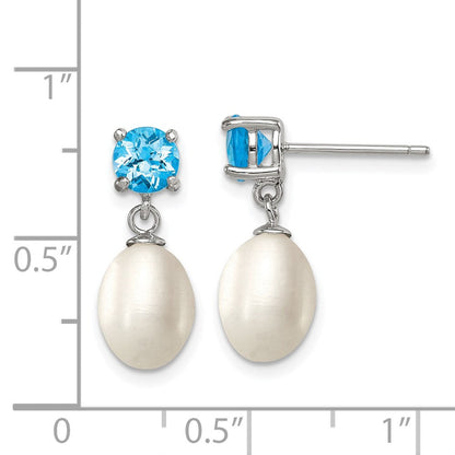 Sterlingsilber Rhodiniert Blautopas und 7-8mm Süßwasser Zuchtperle Tropfen Hängend Ohrstecker