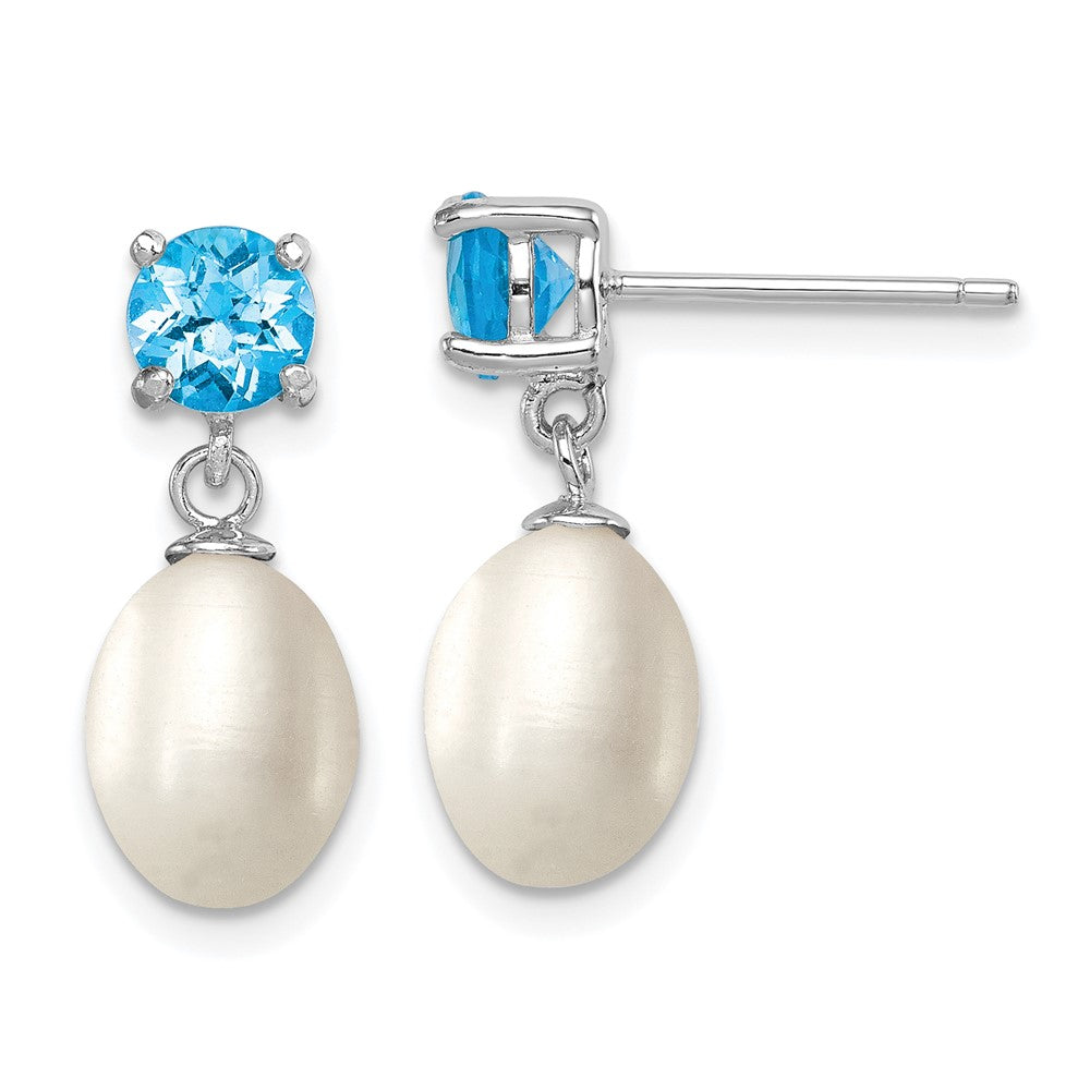 Sterlingsilber Rhodiniert Blautopas und 7-8mm Süßwasser Zuchtperle Tropfen Hängend Ohrstecker
