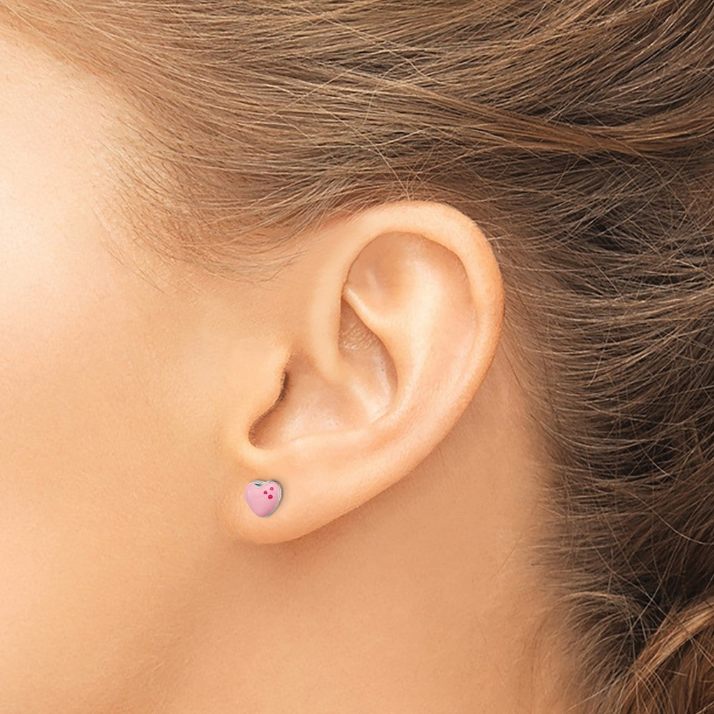 Sterlingsilber Poliert & Rosa Emailliert Herz Kinder Ohrstecker