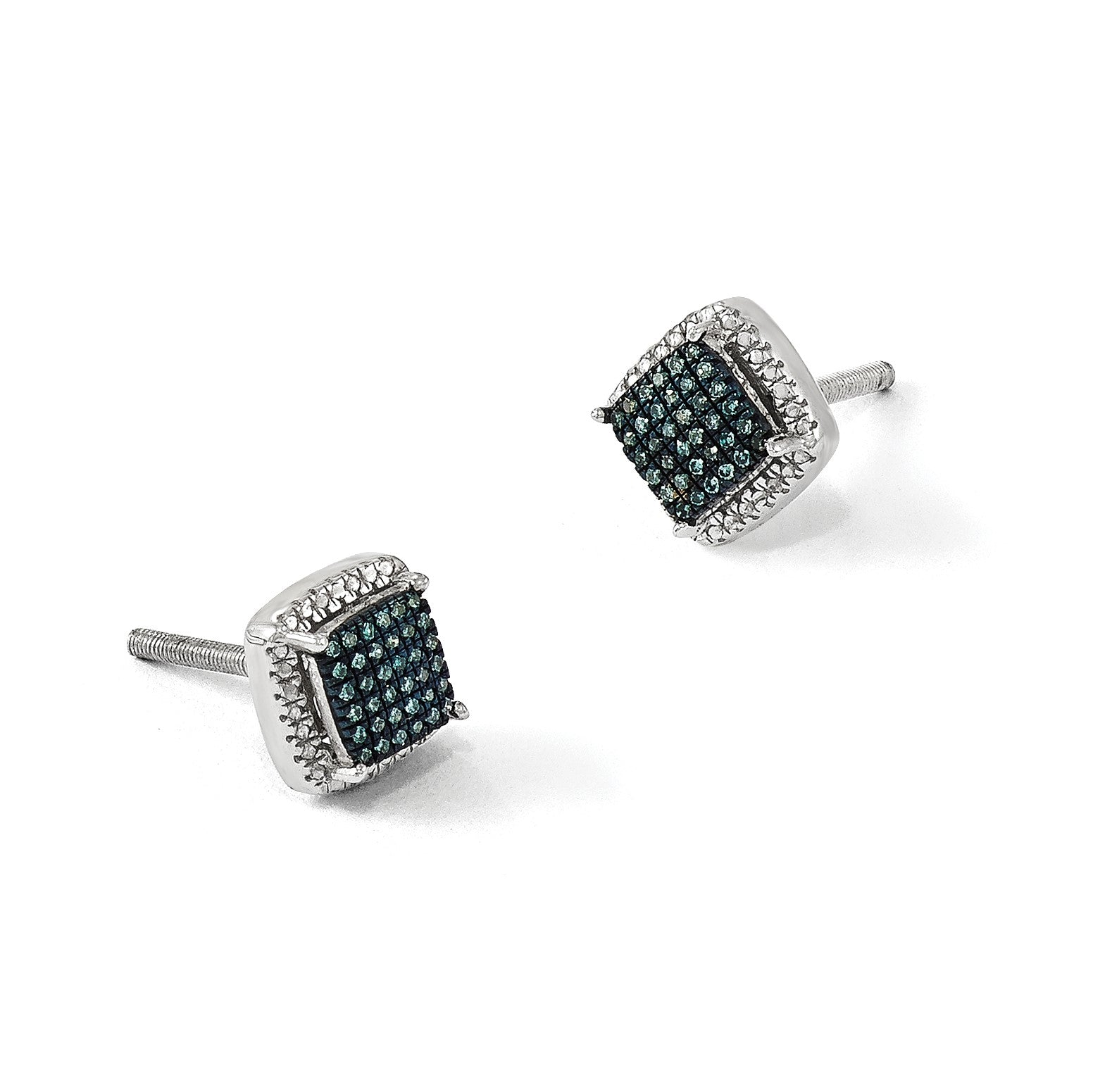 Sterlingsilber Weiß Nacht Rhodiniert Blau Diamant Quadratisch Schraubverschluss Ohrstecker