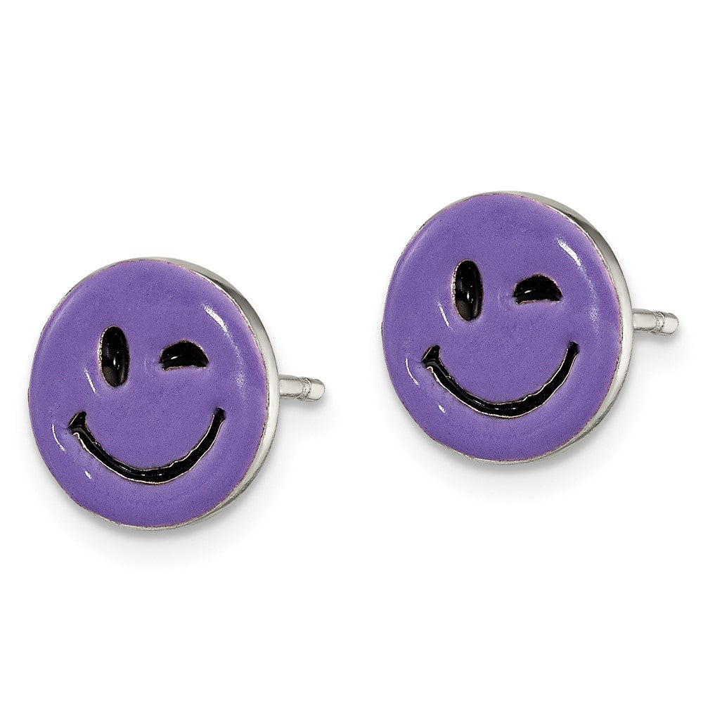 Sterlingsilber Lila Emaille Winking Smiley Face Ohrstecker