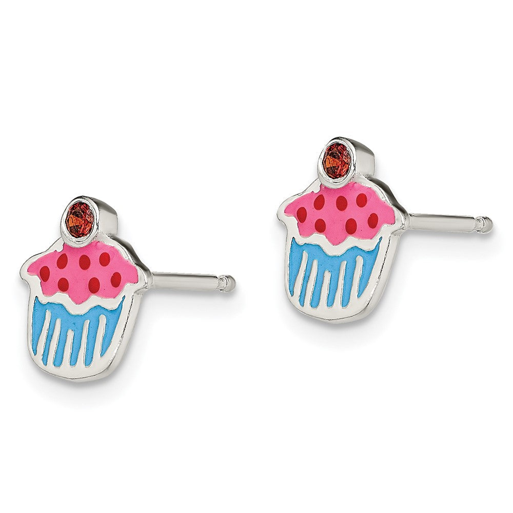 Sterlingsilber Poliert Emaille Granat Cupcake Childs Ohrstecker