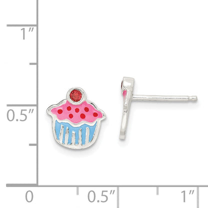 Sterlingsilber Poliert Emaille Granat Cupcake Childs Ohrstecker