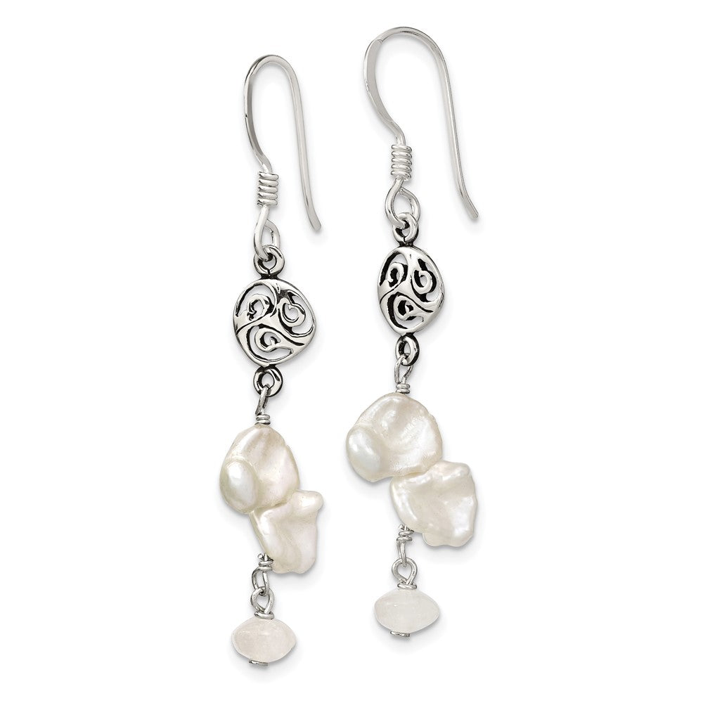 Sterlingsilber Poliert Weiß 5-9mm Baroque Süßwasser Zuchtperle und Moonstone Fantasie Ohrhänger