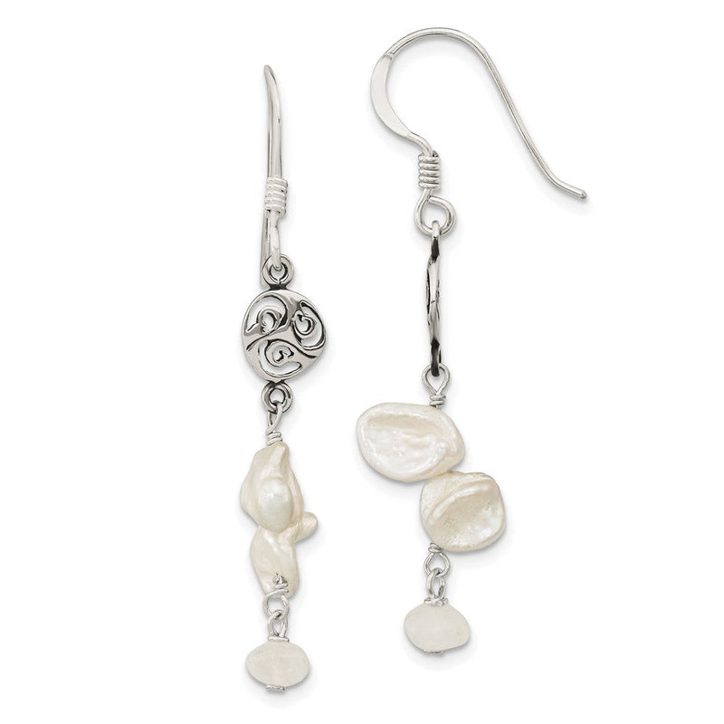 Sterlingsilber Poliert Weiß 5-9mm Baroque Süßwasser Zuchtperle und Moonstone Fantasie Ohrhänger