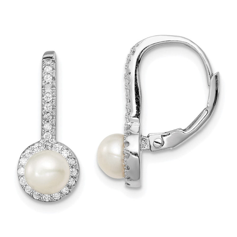 Sterlingsilber Rhodiniert Poliert Weiß 5-6mm Knopf Süßwasser Zuchtperle & Zirkonia Heiligenschein Brisur Ohrhänger