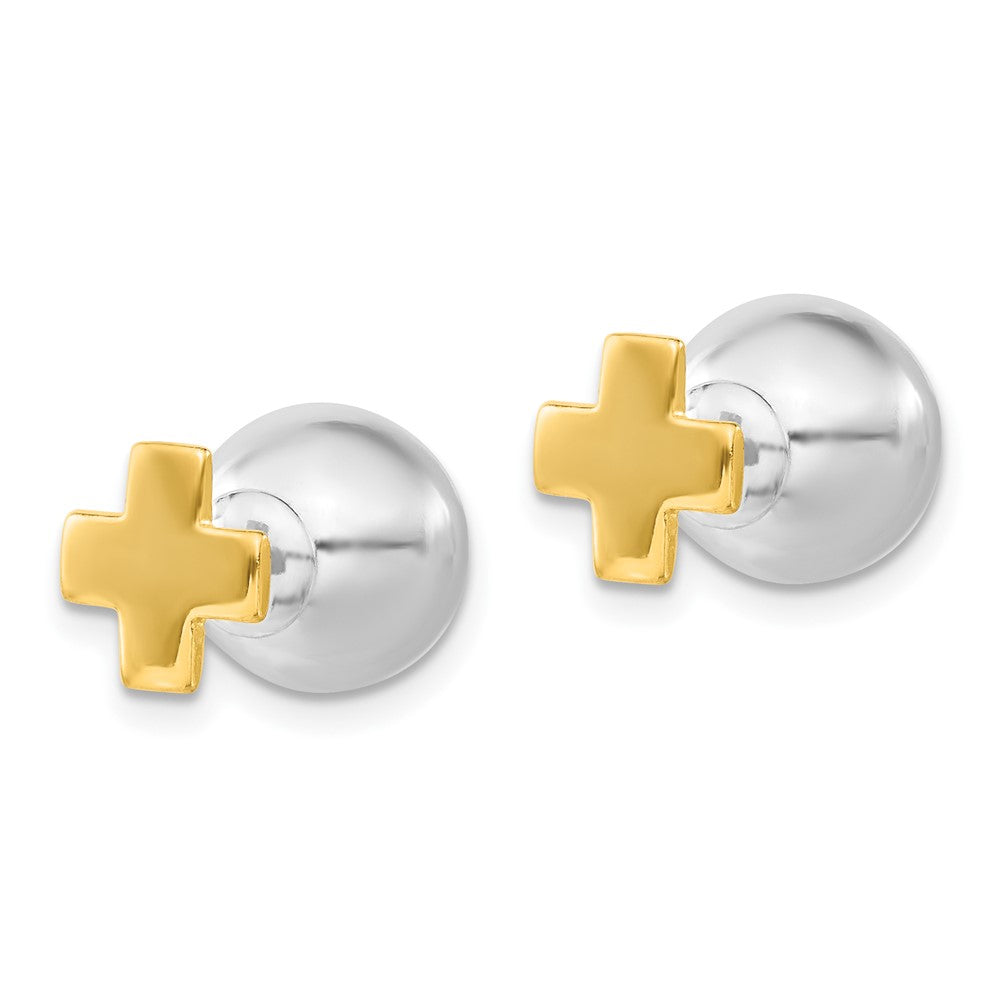 Sterlingsilber & Goldfarben Poliert Kreuz Vorderseite Rückseite Kugel Ohrstecker