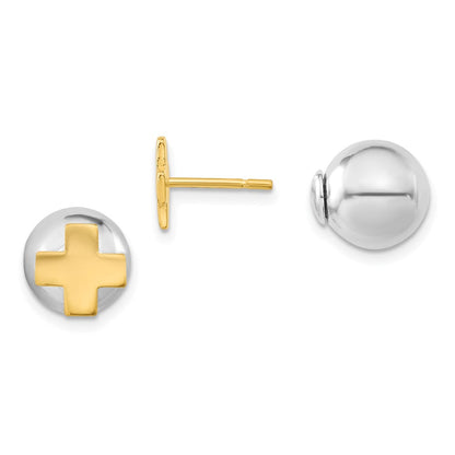 Sterlingsilber & Goldfarben Poliert Kreuz Vorderseite Rückseite Kugel Ohrstecker