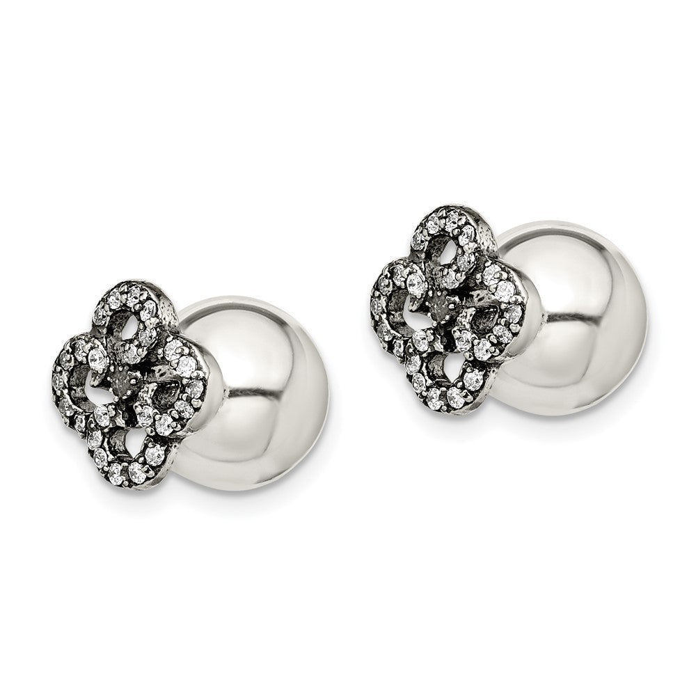 Sterlingsilber Antikisiert Zirkonia Blume Vorderseite & Rückseite Ohrstecker