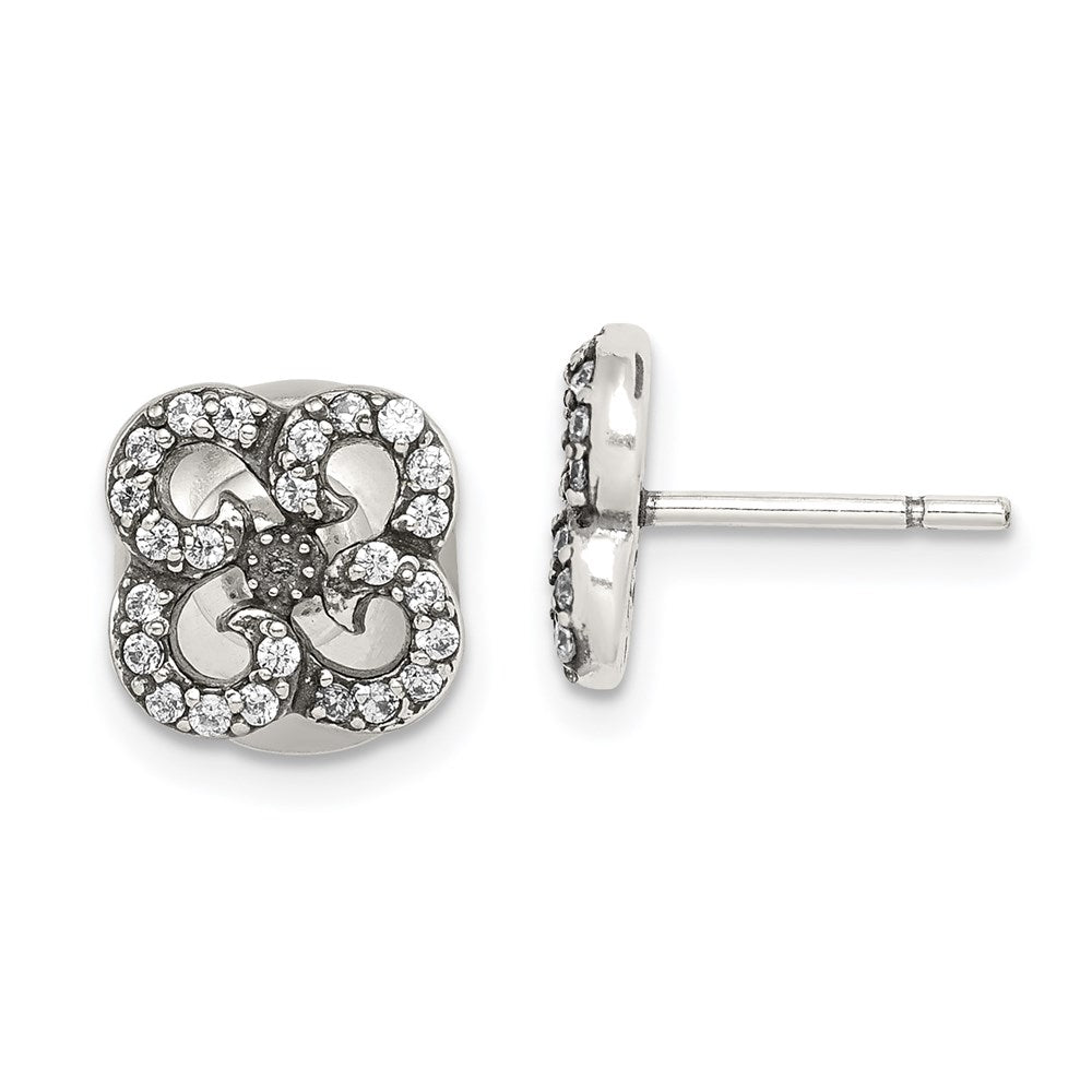 Sterlingsilber Antikisiert Zirkonia Blume Vorderseite & Rückseite Ohrstecker
