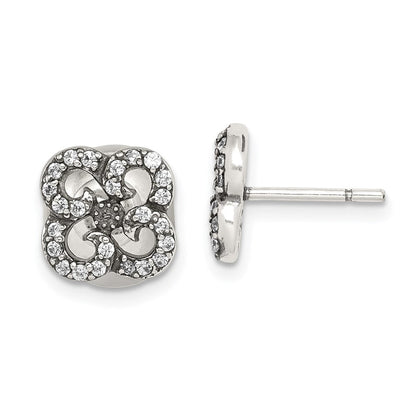 Sterlingsilber Antikisiert Zirkonia Blume Vorderseite & Rückseite Ohrstecker