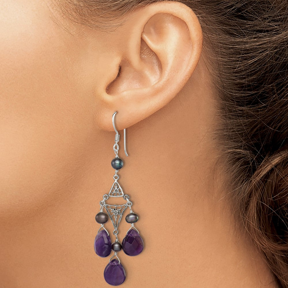 Sterlingsilber Antikisiert Blumen Filigran Amethyst/fwc Perle Ohrhänger