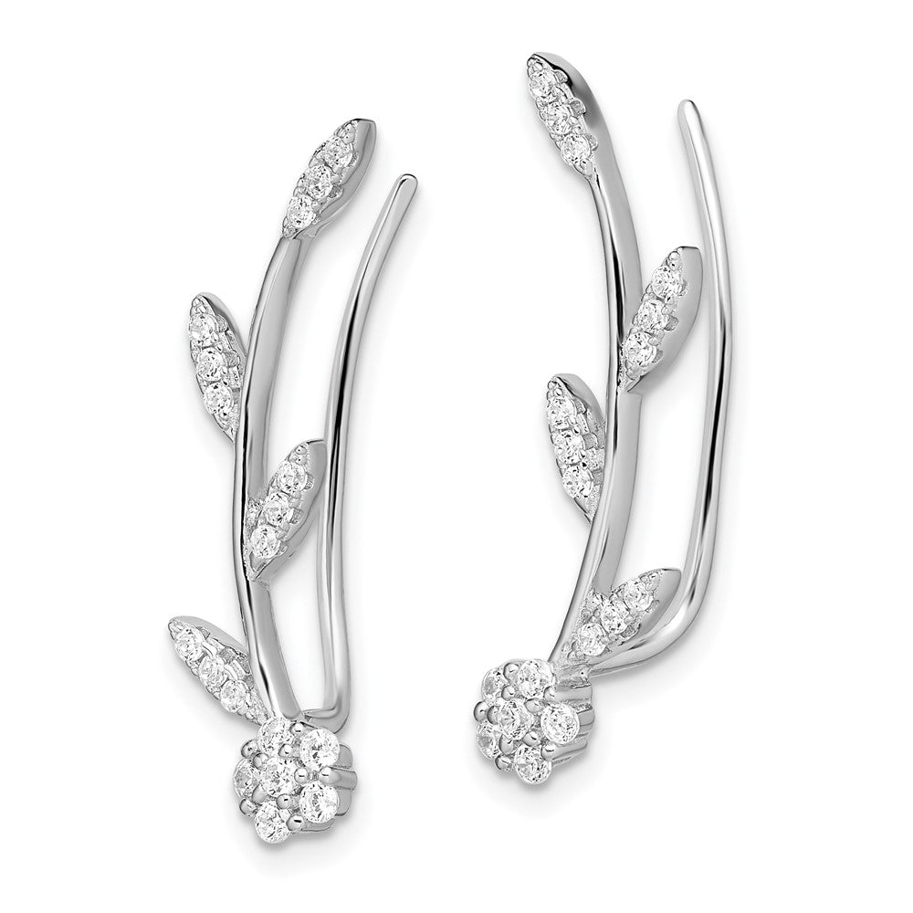 Sterlingsilber Rhodiniert Poliert Zirkonia Blume mit Stem Ohr Climber Earrin