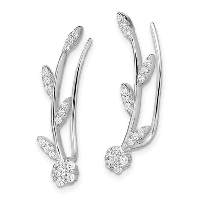 Sterlingsilber Rhodiniert Poliert Zirkonia Blume mit Stem Ohr Climber Earrin