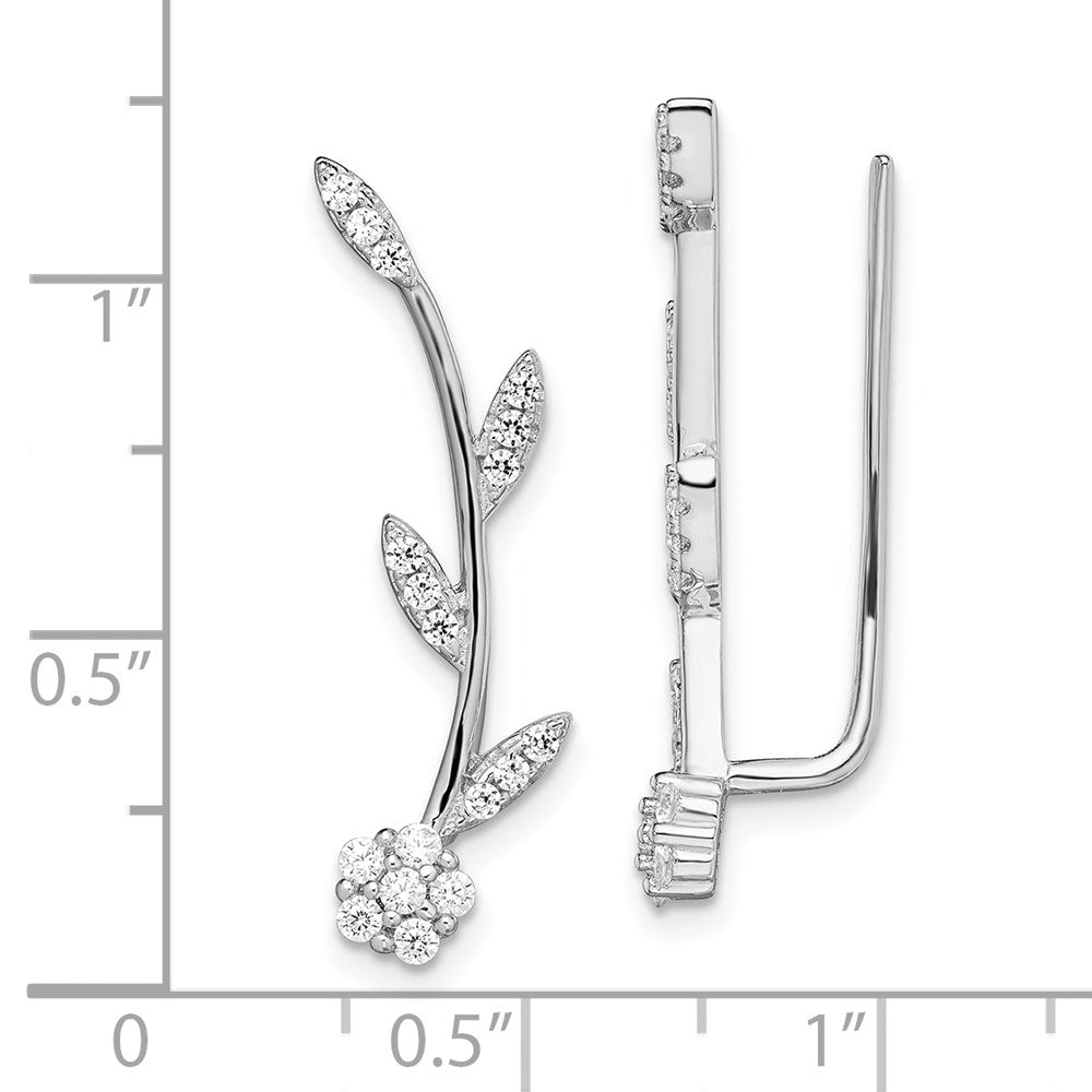 Sterlingsilber Rhodiniert Poliert Zirkonia Blume mit Stem Ohr Climber Earrin