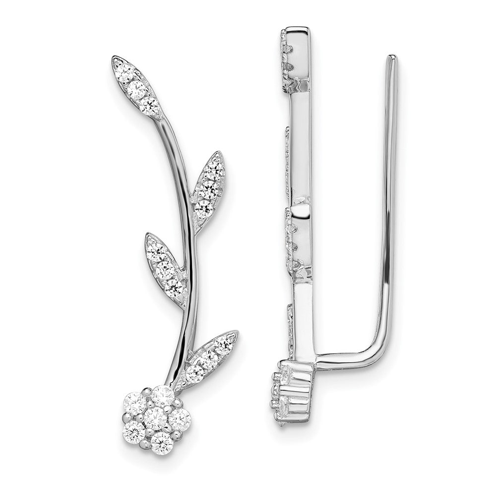 Sterlingsilber Rhodiniert Poliert Zirkonia Blume mit Stem Ohr Climber Earrin