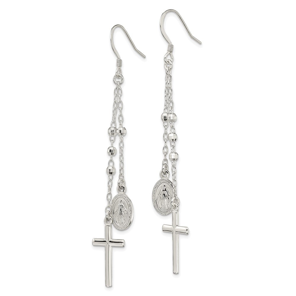 Sterlingsilber Poliert Wundertätig Medaille & Lateinisch Kreuz Gekugelt Multi-strand Ohrhänger