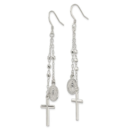 Sterlingsilber Poliert Wundertätig Medaille & Lateinisch Kreuz Gekugelt Multi-strand Ohrhänger