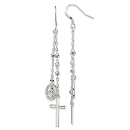 Sterlingsilber Poliert Wundertätig Medaille & Lateinisch Kreuz Gekugelt Multi-strand Ohrhänger