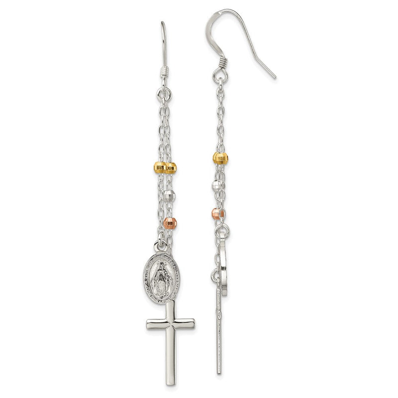 Sterlingsilber mit Goldfarben & Roséfarben Poliert Wundertätig Medaille Lateinisch Kreuz Gekugelt Multi-strand Ohrhänger