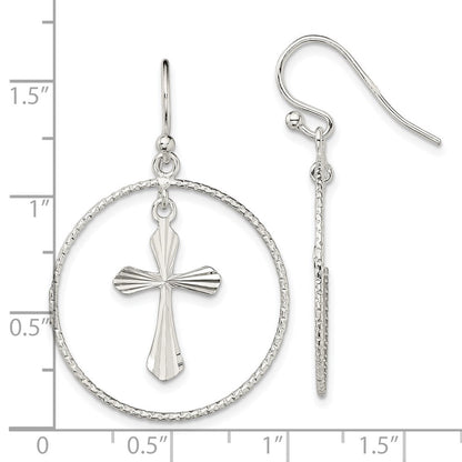 Sterlingsilber Poliert & Diamantiert Kreuz Kreis Ohrhänger