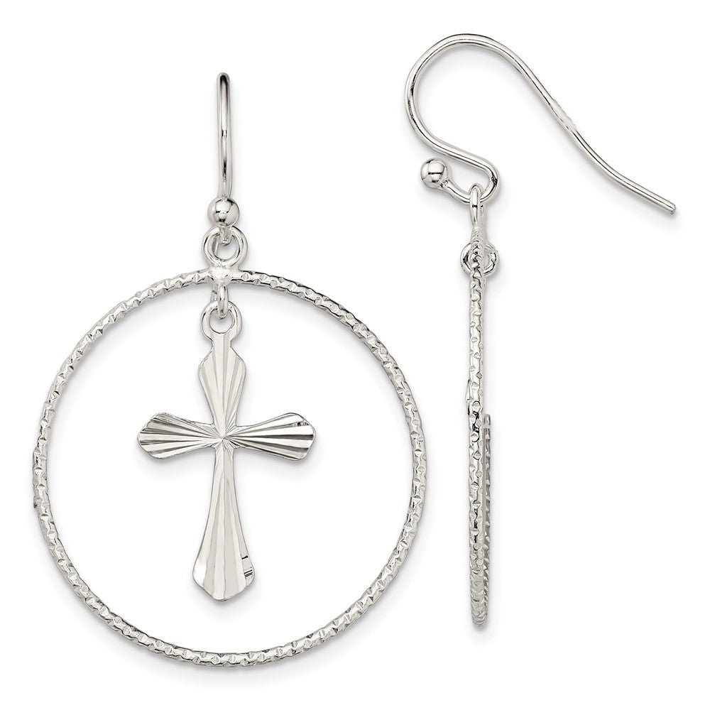 Sterlingsilber Poliert & Diamantiert Kreuz Kreis Ohrhänger
