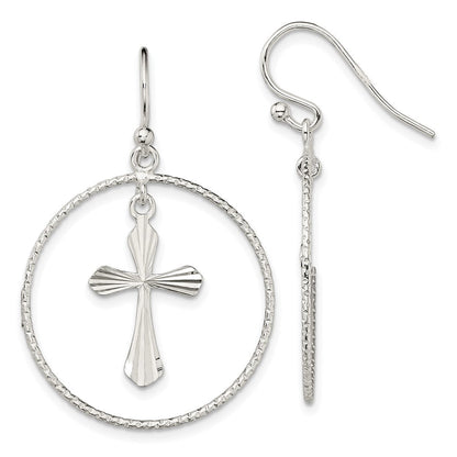 Sterlingsilber Poliert & Diamantiert Kreuz Kreis Ohrhänger