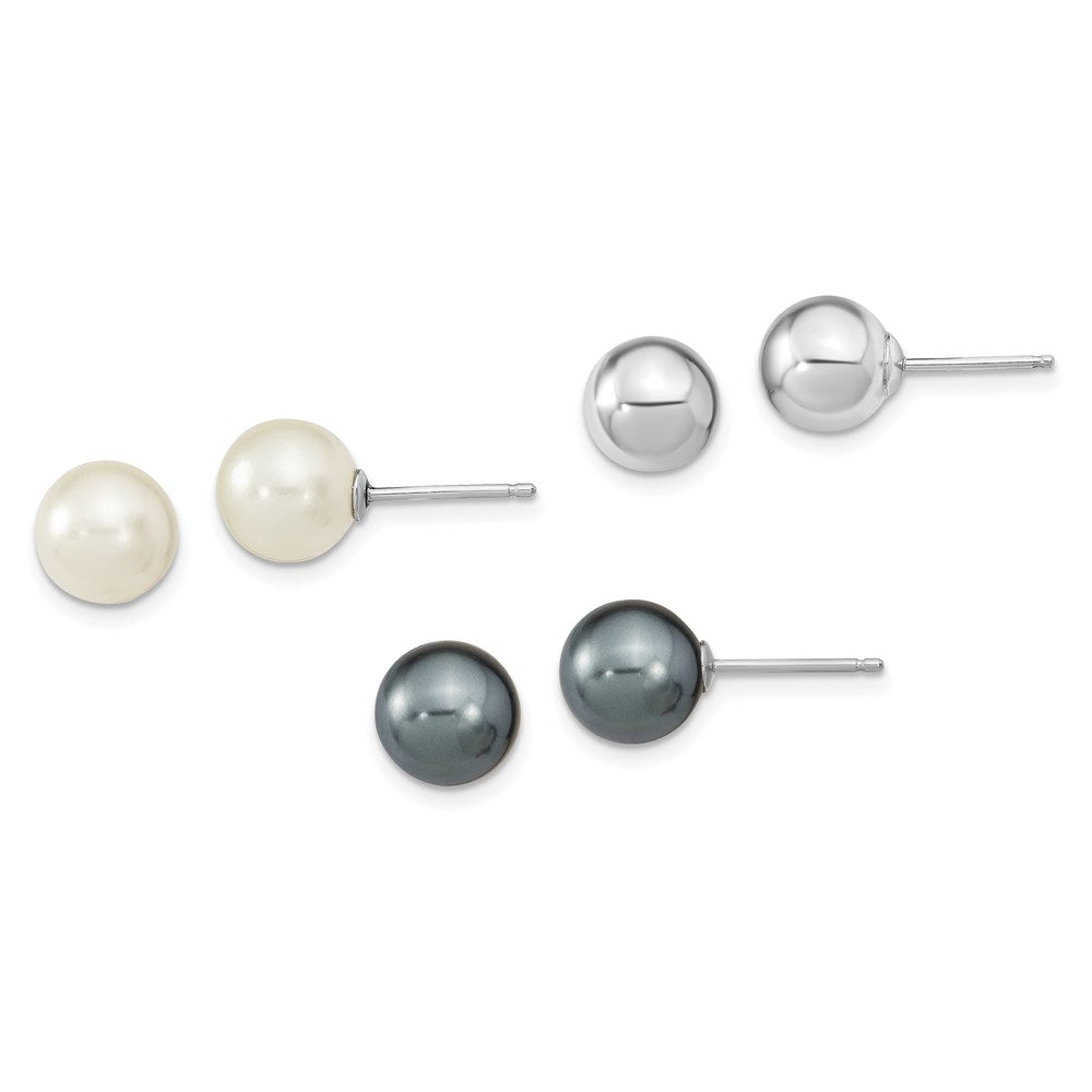 Sterlingsilber Rhodiniert-pl 8-9mm Weiß/blk Imitat Muschel Perle Stecker 3 Ohrring Set