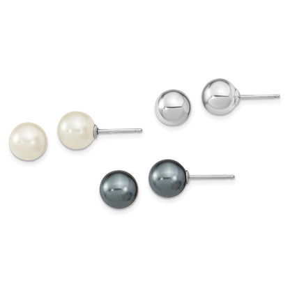 Sterlingsilber Rhodiniert-pl 8-9mm Weiß/blk Imitat Muschel Perle Stecker 3 Ohrring Set