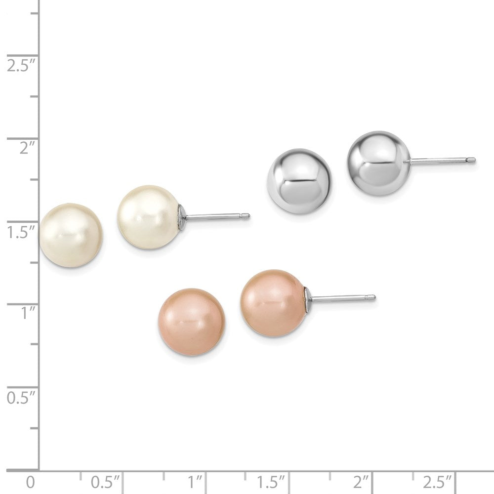 Sterlingsilber Rhodiniert-pl 10-11mm Weiß/pink Imitat Muschel Perle 3 Ohrring Set