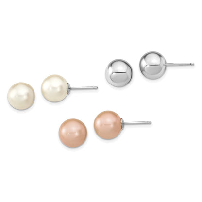 Sterlingsilber Rhodiniert-pl 10-11mm Weiß/pink Imitat Muschel Perle 3 Ohrring Set