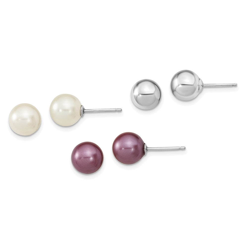 Sterlingsilber Rhodiniert-pl 8-9mm Plum/wht Imitat Muschel Perle Stecker 3 Ohrring Set