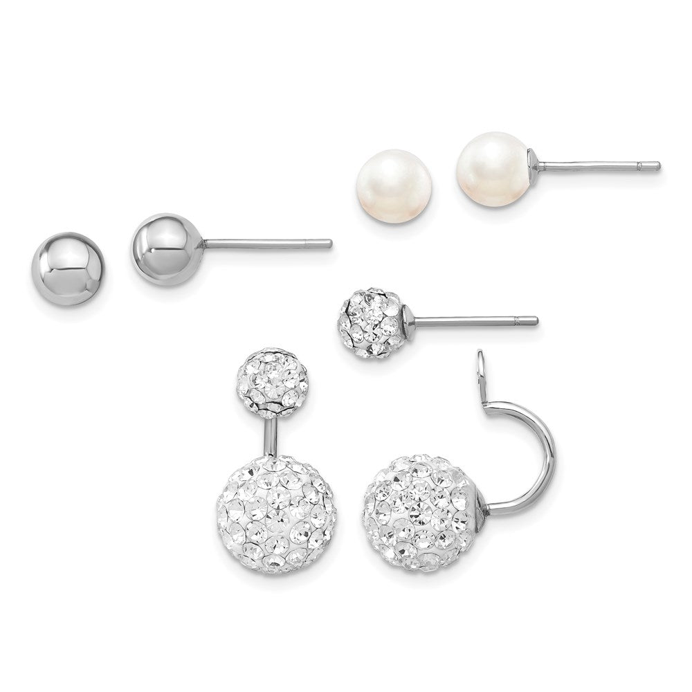 Sterlingsilber Rhodiniert 3 Pair Perlmutt & Kristall Vorderseite Hängend Rückseite Ohrring Set