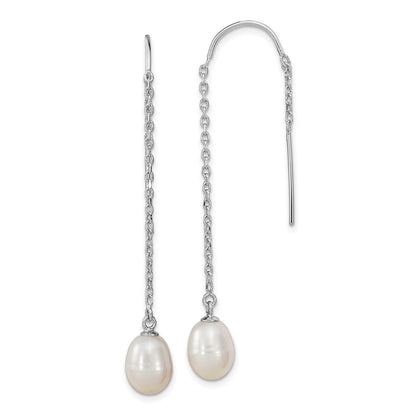 Sterlingsilber Rhodiniert Poliert Weiß 7-8mm Süßwasser Zuchtperle Durchzieher-Ohrringe
